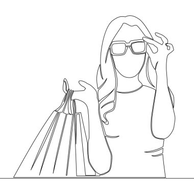 Tek satır halinde alışveriş başarısı: Çoklu Alışveriş Torbalı Kadın, Perakende Terapisi ikon vektör çizimi konseptini yansıtıyor