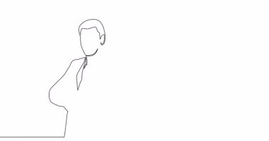 Kendinden çizim çizimi animasyonu soru işareti olan genç iş adamı sürekli tek bir çizgi çizilmiş konsept video