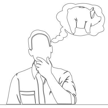 Finansal Planlama Vizyon Adamı sürekli olarak tek bir satır halinde bir Piggy Bank, Tasarruf, Bütçe ve Akıllı Para Yönetimi ikonu vektör ilüstrasyon kavramını sembolize ediyor