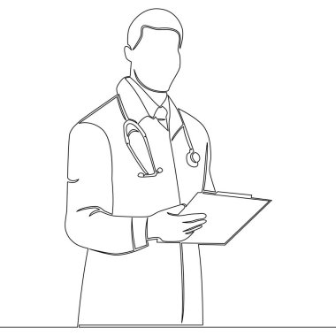 Stethoscope ve Hasta Dosya ikonu resimleme konseptiyle Beyaz Ceketli Erkek Doktor 'u sürekli çizen tek bir çizgi.