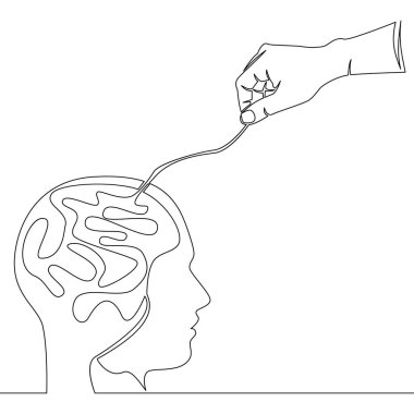 Zihinsel sağlık sorunları ikon vektör illüstrasyon kavramını çözmek için karışık iplik ve el çekme ile tek bir çizginin devamlılığı