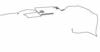 Kişisel çizim çizim animasyonu. Bir kişi satın almak için kredi kartı ya da banka kartı ile ödeme yapar. Temassız ödeme sistemi veya teknoloji sürekli tek satır çizilmiş konsept video