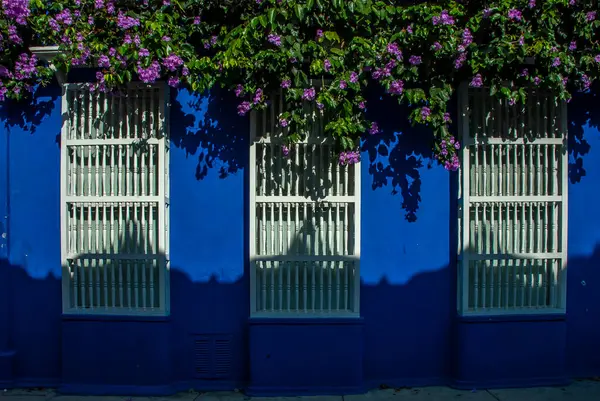 CARTAGENA, COLOMBIA, 20 Şubat 2024: Kartagena 'nın tarihi Duvarlı Şehir' deki manzaralı caddeleri, (Ciudad Amurallada), tarihi bölgede eski bir sömürge tarzı sokak.