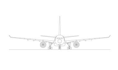 Uçağın ön taslak çizimi uçağın burnu gibi elementleri vurguluyor, kanatlar her iki tarafa da uzanıyor, görünür motorlar ve iniş takımları.