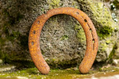 Paslı eski bir at nalı, doğal ve kırsal bir zemine dayanır..