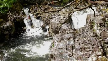 Video, Betws-y-karma şelalesi, küçük bir şelalenin üzerinden akan su, Gwynedd, Kuzey Galler, İngiltere.