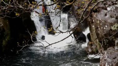 Video, Betws-y-karma şelalesi, küçük bir şelalenin üzerinden akan su, Gwynedd, Kuzey Galler, İngiltere.