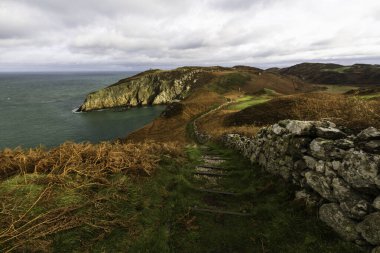 Anglesey Kuzey Sahil Yolu, Galler. Sonbahar ya da sonbahar yolu kuru taş duvar kalıntıları ile ve deniz mesafesi, manzara, geniş açı