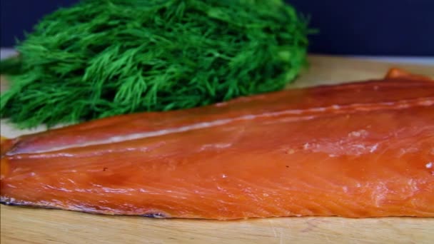 Video Half Side Cured Smoked Salmon Fresh Dill Wooden Board — Stock Video