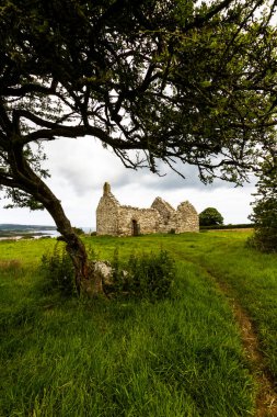 Capel Lligwy, 12. yüzyıl kilisesi ya da kilisesi harabesi, gökyüzü de telif uzayı gibi. Moelfre yakınlarında, Anglesey, Kuzey Galler, Birleşik Krallık, portre, çerçeveli ağaç, geniş açı