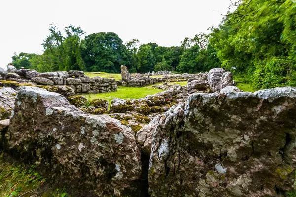 stock image Stones at Remains of Din Lligwy, or Din Llugwy ancient village, Near Moelfre, Anglesey, North Wales, UK, landscape. Wide Angle.