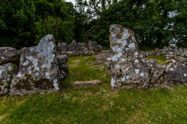 ディン ライグウィの遺跡 またはディン リュグイの古代村 ムーフェル アンジェリー ノースウェールズ イギリス 風景の小屋サークルへの石の入り口 — ストック写真