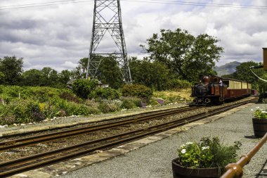 PENRHYNDEUDRAETH, WALES 14 HAZİRAN 2022 Ffestiniog Demiryolu Treni Minfford Tren İstasyonu 'na geliyor. Penrhyndeudraeth, Eryri veya Snowdonia Ulusal Parkı, Galler.