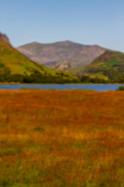 Güzel bir gün Nantlle vadiyi, Snowdon 'u ya da Yr Wyddfa' yı uzaktan gösteriyor. Snowdonia ya da Eryri Ulusal Parkı, Kuzey Galler, İngiltere, portre, en altta telif uzayı