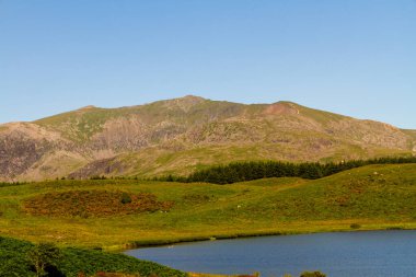 Beautiful day Snowdon or Yr Wyddfa top from Lake or Llyn y Dywarchen, Rhydd Du. Snowdonia or Eryri National Park, North Wales, UK, landscape, zoomed in clipart