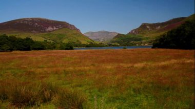 Video, güzel bir gün Nantlle vadiyi, Snowdon 'u ya da Yr Wyddfa' yı orta noktada, Snowdonia 'da ya da Eryri Ulusal Parkı, Kuzey Galler, İngiltere' de gösteriyor.