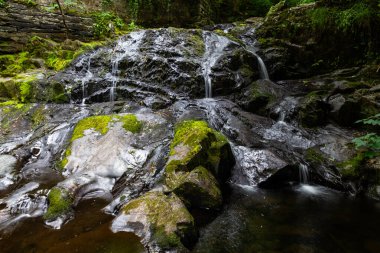 Galce 'de Rhaeadr y Tylwyth Teg denilen Peri Şelalesi' nin ana bölümü. Trefriw Conwy County 'de şelale, Kuzey Galler, İngiltere, düşük su, çünkü yaz gelirse, manzara.