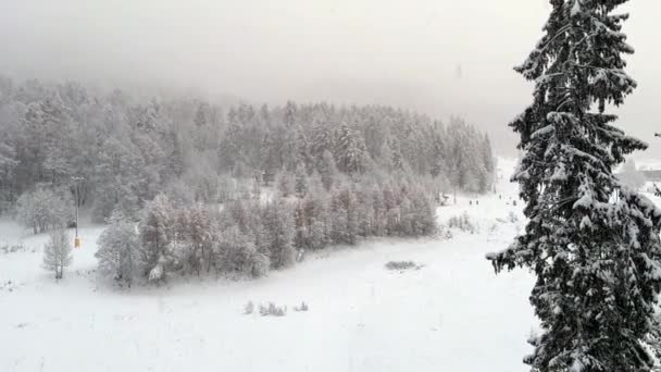 Широкоугольный Вид Снег Падающий Горнолыжном Курорте Видом Лыжную Трассу Зимнее — стоковое видео