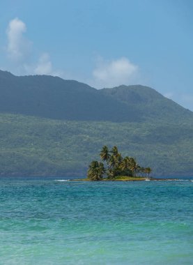 Wide angle view of the sea and beach in Playa Fronton in LAs Galeras, Dominican Republic. Turquoise blue sea, palms, tropical summer mood.