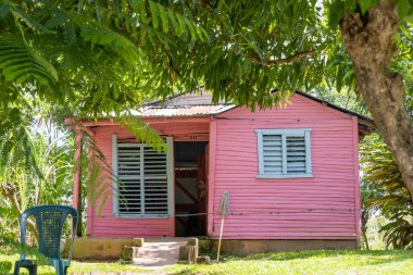 20 Ağustos 2022. Pedernales 'ten Santo Domingo' ya gidiyoruz. Tipik ahşap kulübeler ve parlak renklerle boyanmış evler, palmiye ağaçları ve Karayip arka planı. Parlak pembe ev.