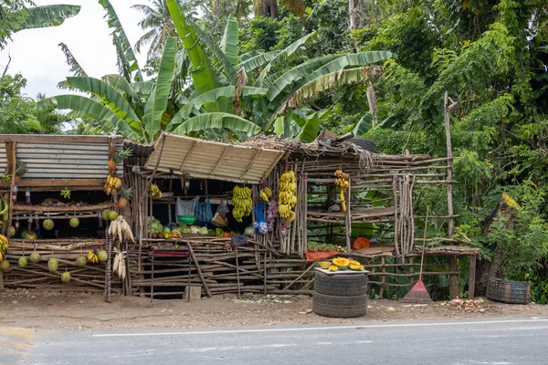 Fruit shops and fruit selling on the roads of the Dominican Republic. Colorful fruit like ripe yellow bananas and green plantains on sale. Tropical life, Caribbean living.