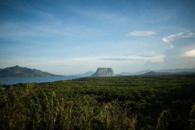 Filipinler, El Nido Palawan 'daki manzara. Denizin ortasında yemyeşil bitki örtüsüyle kaplanmış. İnanılmaz manzaralar, ünlü turistik yerler..