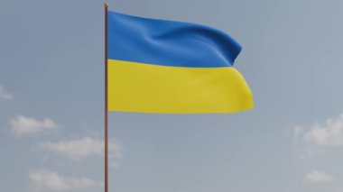 Mavi gökyüzüne karşı sarı ve mavi Ukrayna bayrağı rüzgarda gelişiyor. Dalgalı bir Ukrayna bayrağının 3D modeli. Mavi gökyüzü arkaplanı