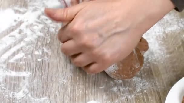 Close View Female Hands Kneading Dough Flour Table Baker Prepares — Stock Video