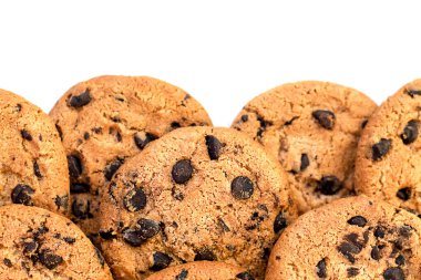 Kurabiye arka planı. Çikolata parçacıklı bisküvi desenli arka plan. Kapat..