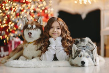 Noel geçmişinde iki Husky olan bir kız..