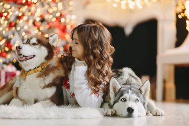 Noel geçmişinde iki Husky olan bir kız..