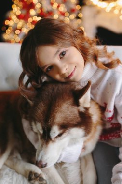 Noel arkaplanında iri kıyım köpeğe sarılan tatlı bir kız..