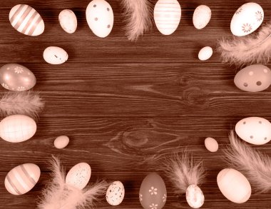 Koyu ahşap bir arka planda yumurta ve tüylü Paskalya çerçevesi.