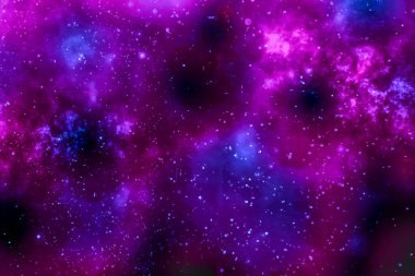 Mor ve mavi kozmik sahne nebula, yıldız ve canlı uzay dokularını betimler..