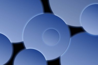 Üstüste binen mavi daireler ve pürüzsüz değişimler içeren geometrik soyut sanat