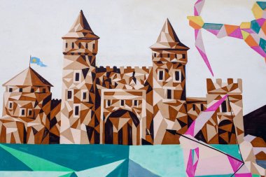 Geometrik şekiller ve parlak renkler kullanarak bir kaleyi tasvir eden soyut bir sanat eseri.