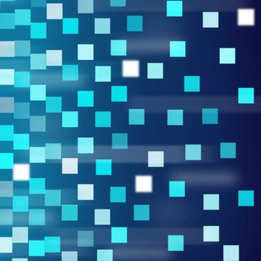 Mavi arkaplanda teknoloji ve dijital veri akışını sembolize eden soyut renkli kareler