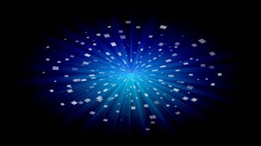 Parlayan ışık, yayılan ışınlar ve etrafa saçılmış beyaz kareler ile karanlığa doğru patlıyor.