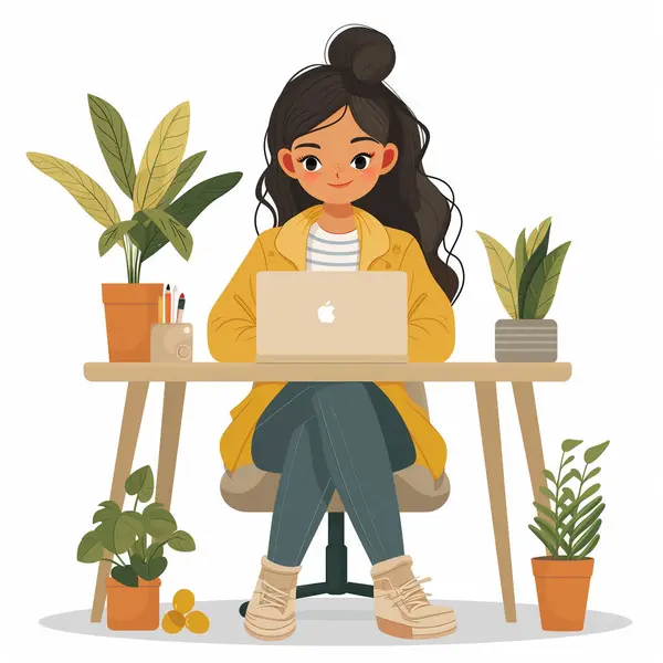 Eine Junge Frau Arbeitet Ihrem Laptop Umgeben Von Pflanzen Einem — Stockvektor