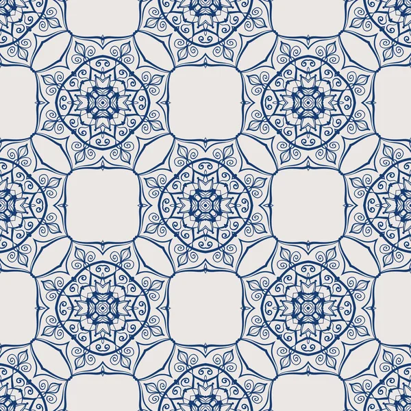 Vintage Tile Pattern Seamless Blue White Background Abstract Flower Design — Vetor de Stock