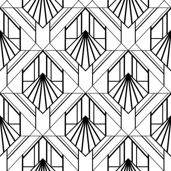 アール デコの壁紙 20代のスタイルを轟音で黒と白のシームレスなパターン インテリアデザインのためのラインアートデコの背景 — ストックベクタ