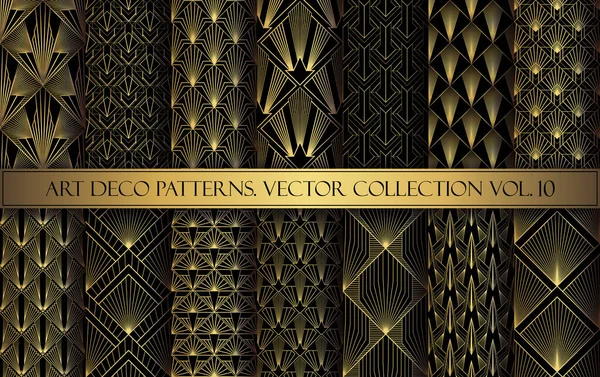 アール パターンセット 1920年代スタイルのベクトル背景 金の黒の質感 ファンまたはヤシの葉の形 3D背景 — ストックベクタ