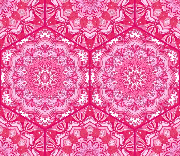 Patrón Mandala Patchwork Rosa Azulejos Hexagonales Llenos Adornos Florales Fondo — Vector de stock