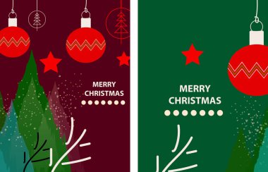 Mutlu Noeller ve mutlu yıllar tebrik kartı. Noel ağaçları, hediye, kar tanesi, arka planda leke dokusu olan lüks bir davetiye. Sezonun kartı için tasarım illüstrasyonu,