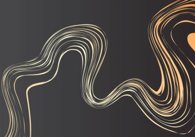 Dinamik soyut illüstrasyon, parlak altın kıvrımlı, modern ve sofistike görsel estetik, yaratıcı ve sanatsal tasarım için mükemmel, karanlık bir gradyan arkaplan içerir.