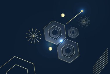 Altın şekilli geometrik şekillerin modern soyut tasarımı, koyu ve zarif bir zemin üzerinde yavaşça parlıyor. Lüks ve profesyonel tasarım projeleri veya teknoloji temalı malzemeler için mükemmel