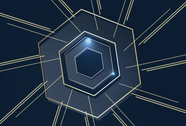 Altın şekilli geometrik şekillerin modern soyut tasarımı, koyu ve zarif bir zemin üzerinde yavaşça parlıyor. Lüks ve profesyonel tasarım projeleri veya teknoloji temalı malzemeler için mükemmel