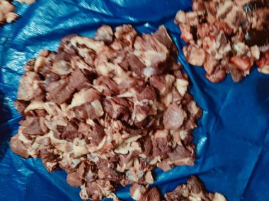 Mavi bir yüzeye dizilmiş taze çiğ et parçalarının yakından görüntüsü, dokularını ve renklerini vurguluyor. Resim aşçılık hazırlıklarını betimliyor ve gıda sunumuna odaklanmayı vurguluyor.