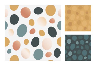 Geometrik şekiller soyut arkaplan koleksiyonu. Renkli vektör çizimi. Beyaz, bej ve koyu renksiz arkaplan için noktalı şekil. Tatil ambalaj kağıdı için tekstil tasarımı