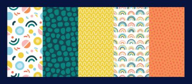 Geometrik şekiller soyut arkaplan koleksiyonu. Vektör renkli çizim seti. Parlak sarı ve mavi renkli kıvrımlı şekiller ve noktalar. Ambalaj kağıdı, tekstil, fon tasarımı